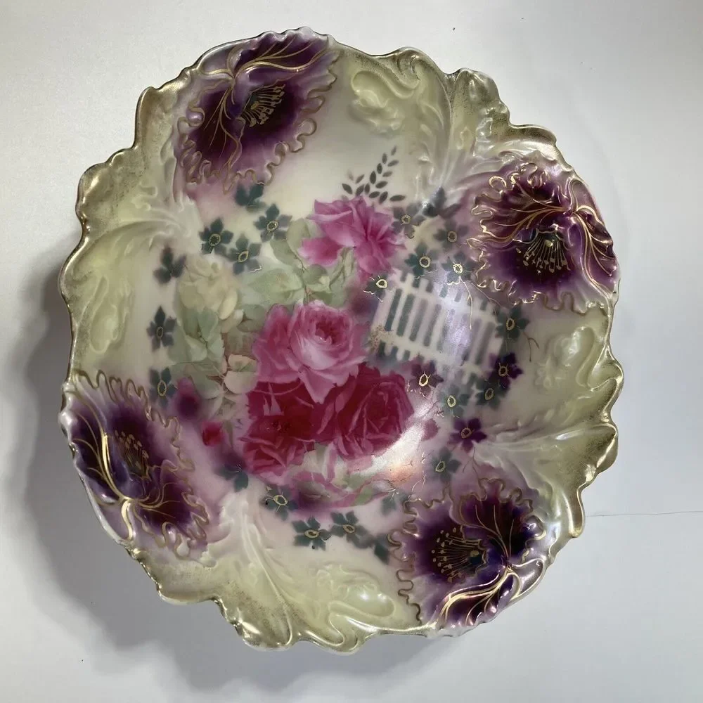Antique‎ 10.5” Bowl A F S P Roses Scalloped Center Bowl Gold Pink Green Purple